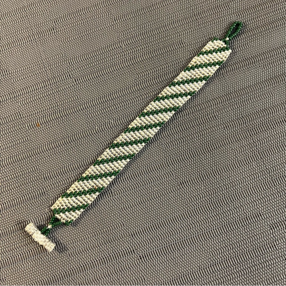 Loom Beaded Bracelet - Green, White & Clear Woven Bracelet